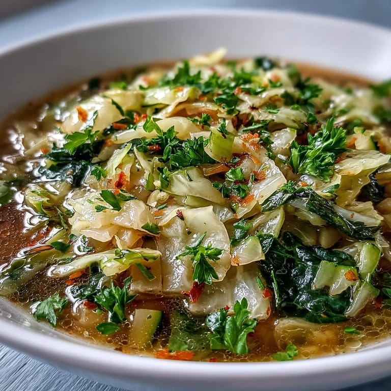 Light and nourishing cabbage soup with colorful vegetables and fresh herbs, ideal for a refreshing spring detox meal.