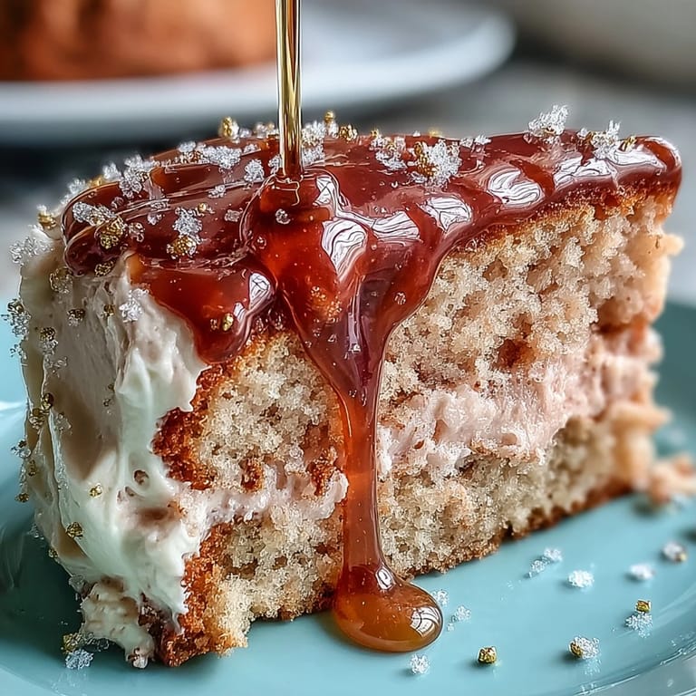 Delicate pink velvet cake with rosé wine and cascading gold drip.