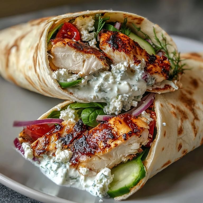 A finished Tzatziki Chicken Wrap, bursting with grilled chicken and creamy sauce.