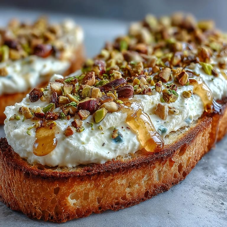 Creamy whipped ricotta toast, garnished with nuts, honey, ready for breakfast.