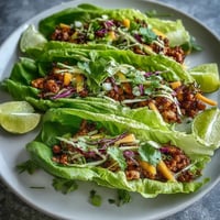 Freshly cooked spicy turkey filling is spooned into crisp romaine lettuce leaves and topped with vibrant, crunchy mango slaw.