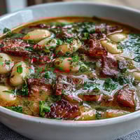 A steaming bowl of bean soup with smoked ham and potatoes, rich with tender beans and savory ham, perfect for a cozy winter meal.