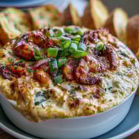 Creamy crawfish boil dip with cream cheese, bell peppers, and Cajun spices, served with toasted baguette slices for a bold Southern appetizer.
