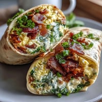 Vibrant green eggs and ham breakfast wraps filled with fluffy scrambled eggs, savory ham, and fresh spinach in a spinach tortilla.