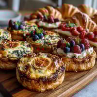 A colorful Mothers Day brunch board with mini quiches, fresh berries, and assorted cheeses on a rustic platter.