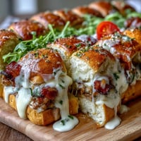 Warm turkey and bacon sliders on brioche buns, topped with creamy Gruyère Mornay sauce and fresh parsley.