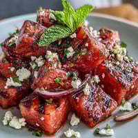 Grilled watermelon salad with feta and mint, juicy watermelon wedges caramelized on the grill and topped with creamy cheese.