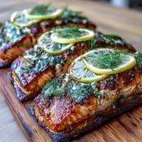 Cedar Plank Salmon with Lemon Dill grilling on a cedar plank, infused with fresh dill and lemon zest for a smoky, aromatic flavor.