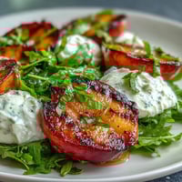 A vibrant summer salad with grilled peaches, creamy burrata, and honey drizzle, served on fresh arugula.