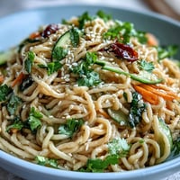 Chilled sesame noodles with crisp cucumber slices in a creamy sesame sauce, garnished with fresh herbs and toasted sesame seeds.  