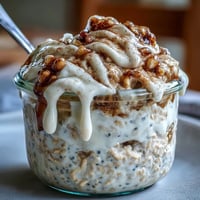 Two jars of High-Protein Cinnamon Roll Overnight Oats topped with a creamy drizzle, ready to serve for a healthy breakfast.
