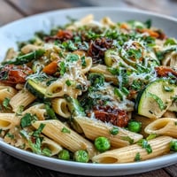 Colorful Spring Pasta Primavera with fresh seasonal vegetables, basil, and Parmesan cheese in a vibrant herby sauce.
