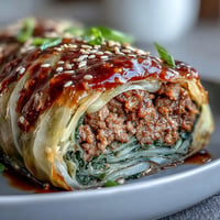 Korean cabbage rolls with spicy ground beef filling, steamed and served with savory dipping sauce.  