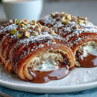 A golden-brown croissant French toast stuffed with rich chocolate and topped with crunchy pistachios, served on a rustic wooden board.