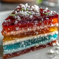 Vibrant rainbow jelly cake with agar-agar layers in red, orange, yellow, green, blue, and purple, topped with creamy coconut cream.