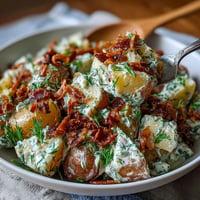 Memorial Day Potato Salad with Dill and Bacon, featuring crispy bacon and fresh dill in a tangy dressing.  