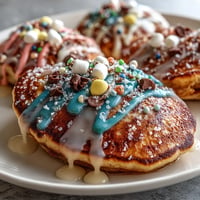Festive Easter egg-shaped pancakes decorated with colorful glaze, sprinkles, and fresh fruit for a playful breakfast. Fluffy pancakes in pastel hues arranged like a spring celebration on a plate. Kid-friendly Easter egg pancakes topped with chocolate chips, berries, and coconut for a fun holiday brunch.