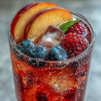 Vibrant Summer Sangria Mocktail with peaches and berries, chilled and ready to refresh.