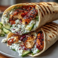Close-up of Tzatziki Chicken Wraps with vibrant feta and fresh cucumber filling.