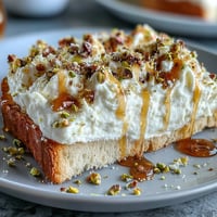 Whipped ricotta toast with honey and pistachios, showing fluffy spread on crispy bread.